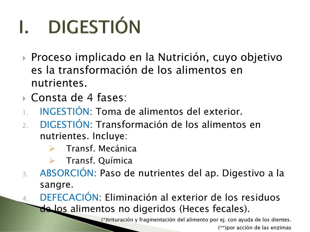 DIGESTIÓN Proceso implicado en la Nutrición, cuyo objetivo es la transformación de los alimentos en nutrientes.
