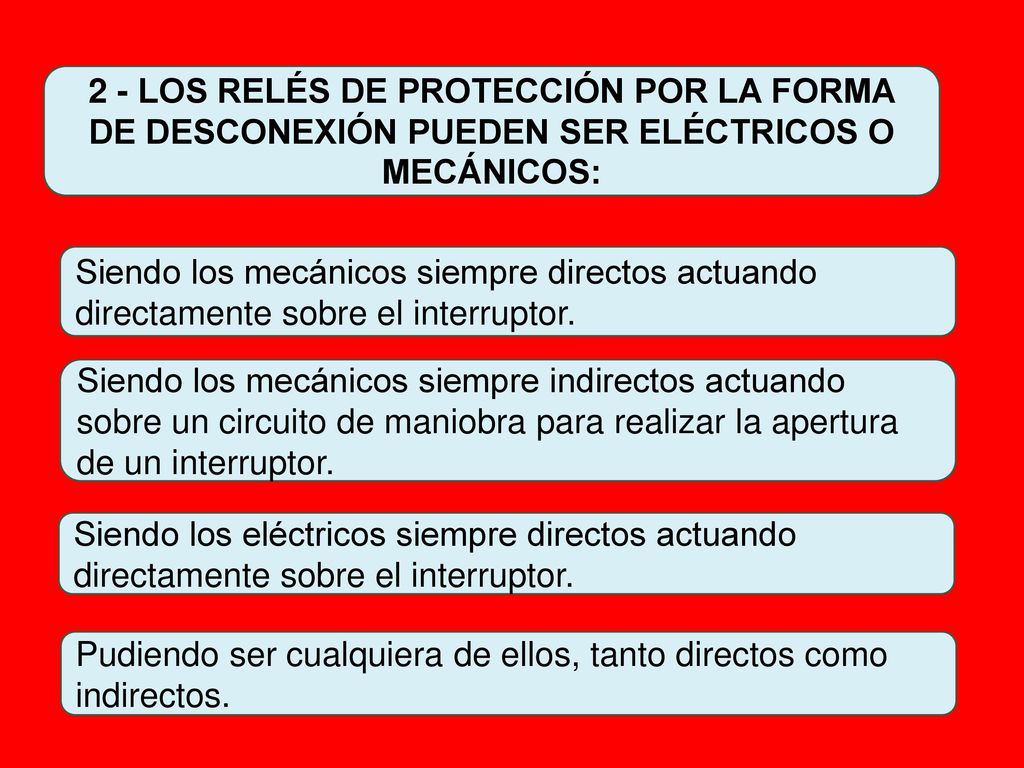 2 - LOS RELÉS DE PROTECCIÓN POR LA FORMA DE DESCONEXIÓN PUEDEN SER ELÉCTRICOS O MECÁNICOS: