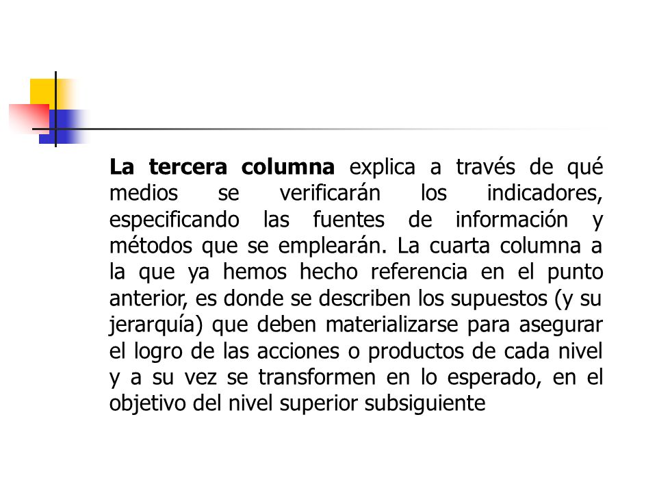 La tercera columna explica a través de qué medios se verificarán los indicadores, especificando las fuentes de información y métodos que se emplearán.