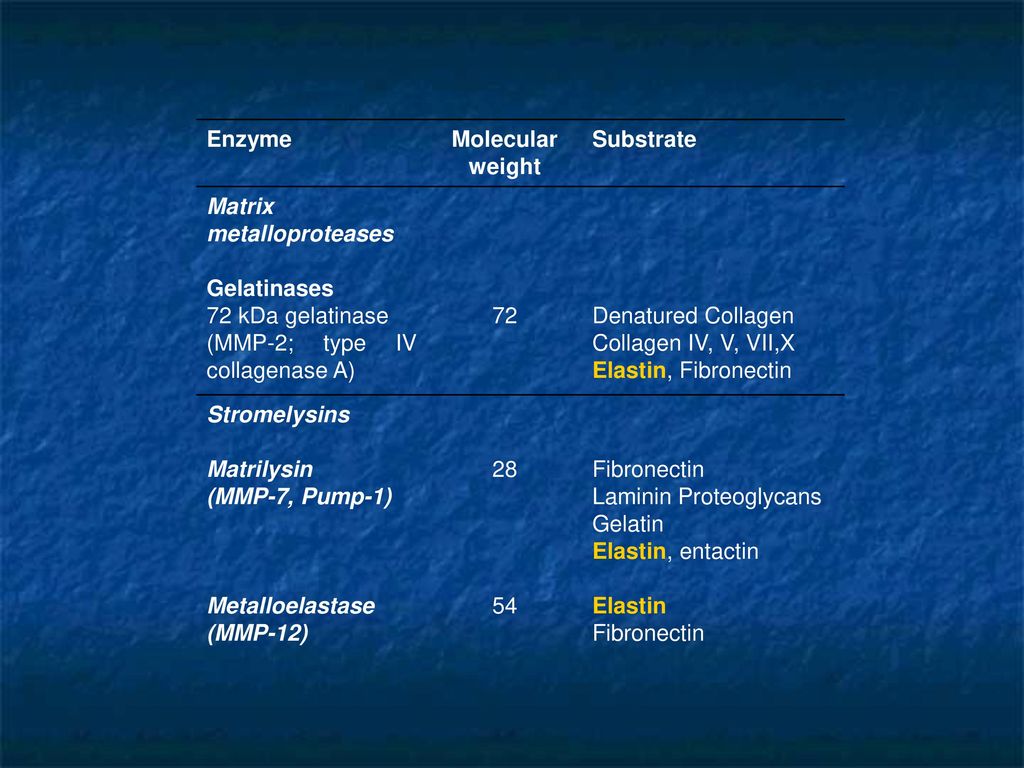 Enzyme Molecular. weight. Substrate. Matrix metalloproteases. Gelatinases. 72 kDa gelatinase. (MMP-2; type IV collagenase A)