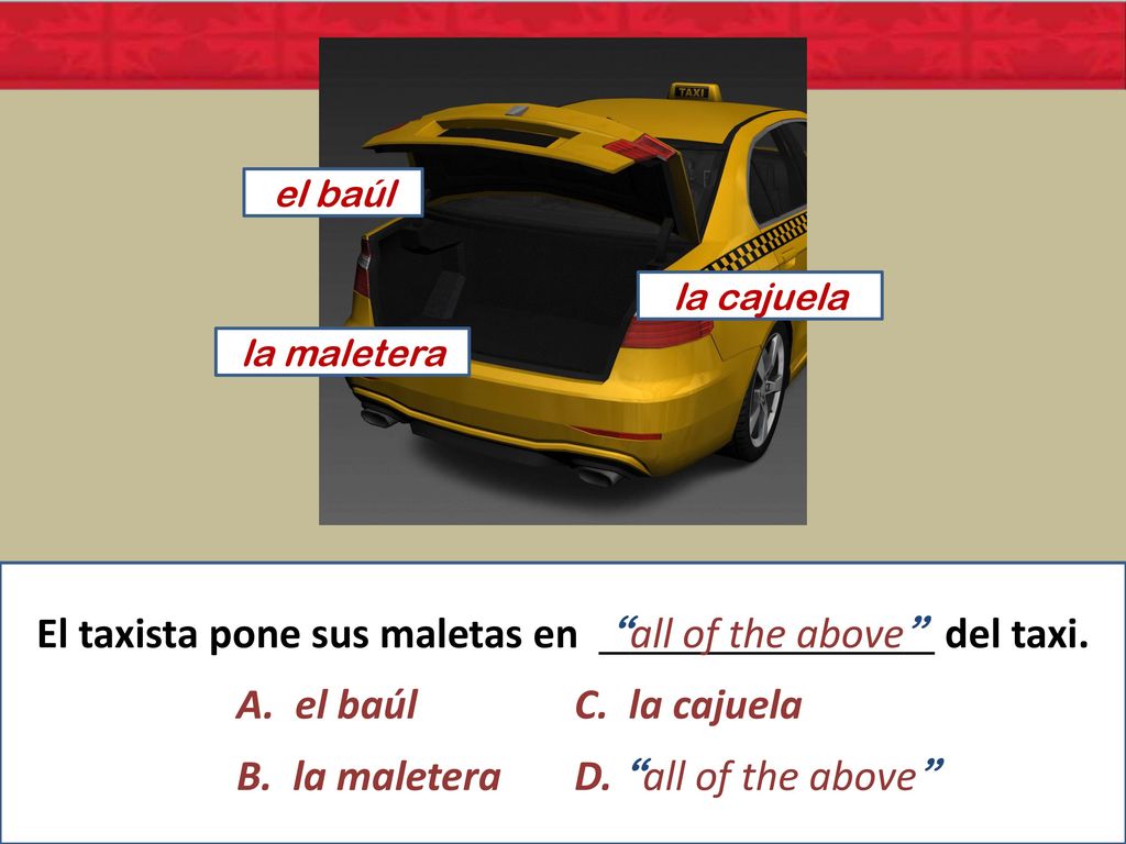El taxista pone sus maletas en all of the above del taxi.