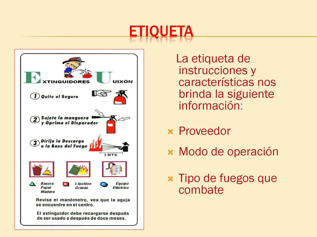 etiqueta Proveedor Modo de operación Tipo de fuegos que combate