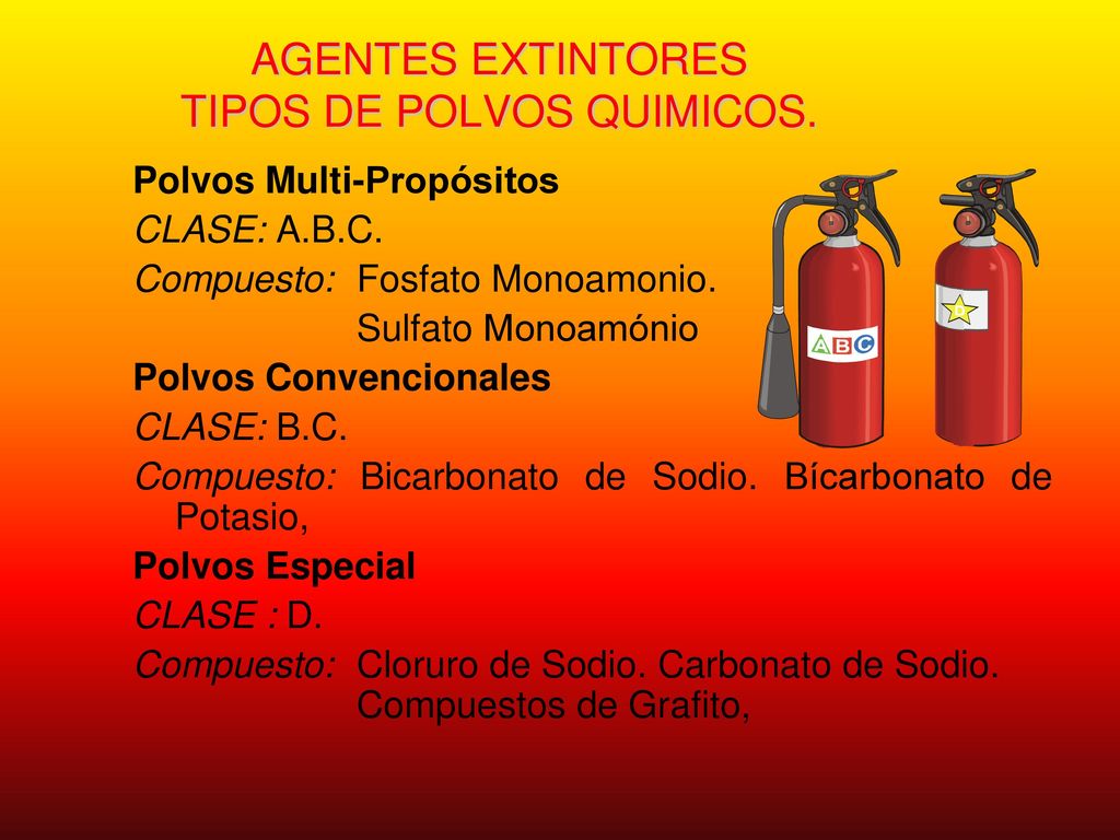 AGENTES EXTINTORES TIPOS DE POLVOS QUIMICOS.