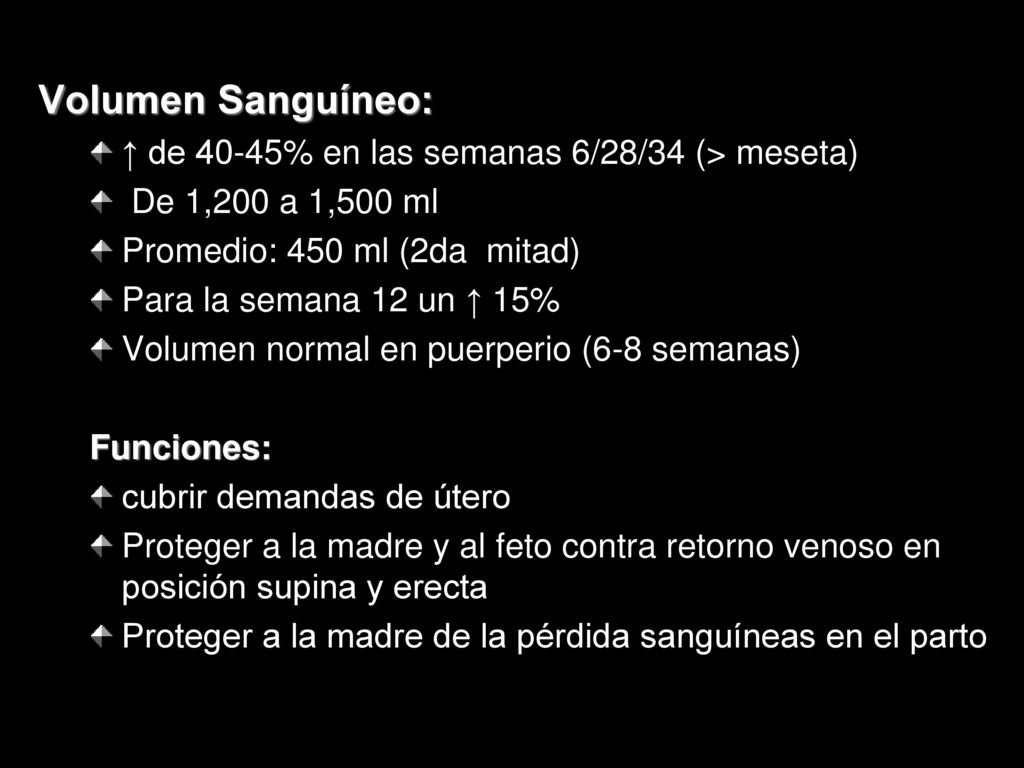 Volumen Sanguíneo: ↑ de 40-45% en las semanas 6/28/34 (> meseta)