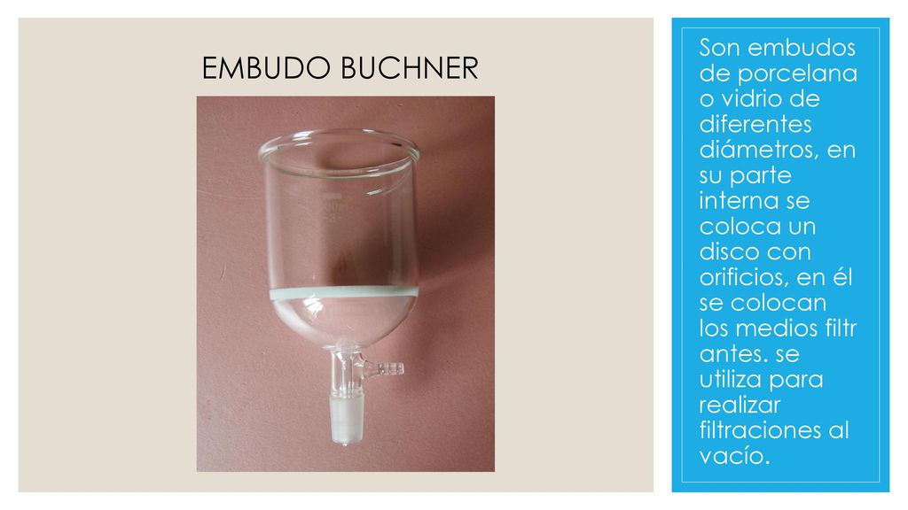 Son embudos de porcelana o vidrio de diferentes diámetros, en su parte interna se coloca un disco con orificios, en él se colocan los medios filtrantes. se utiliza para realizar filtraciones al vacío.