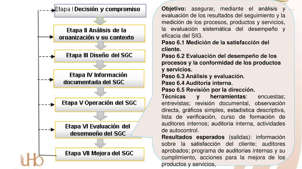 Objetivo: asegurar, mediante el análisis y evaluación de los resultados del seguimiento y la medición de los procesos, productos y servicios, la evaluación sistemática del desempeño y eficacia del SIG.