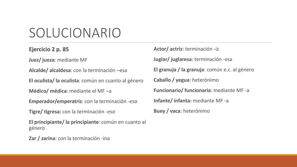 SOLUCIONARIO Ejercicio 2 p. 85 Actor/ actriz: terminación -iz