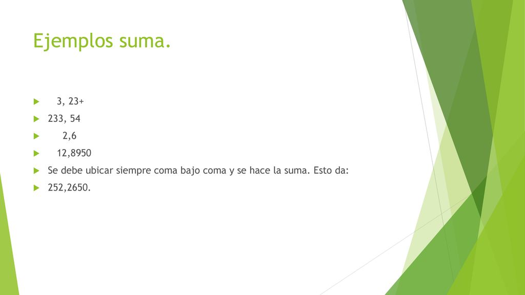 Ejemplos suma. 3, , 54. 2,6. 12,8950. Se debe ubicar siempre coma bajo coma y se hace la suma. Esto da: