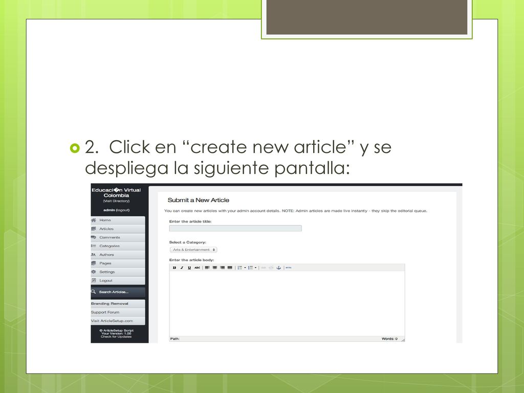 2. Click en create new article y se despliega la siguiente pantalla: