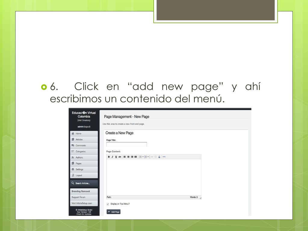 6. Click en add new page y ahí escribimos un contenido del menú.
