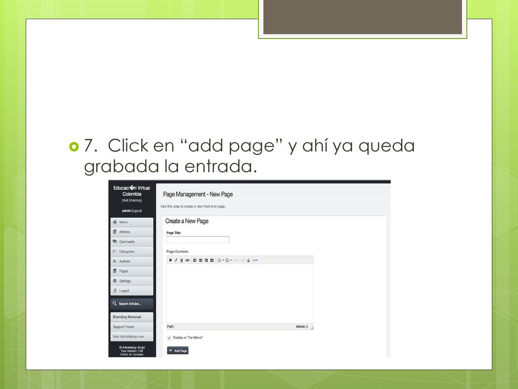 7. Click en add page y ahí ya queda grabada la entrada.