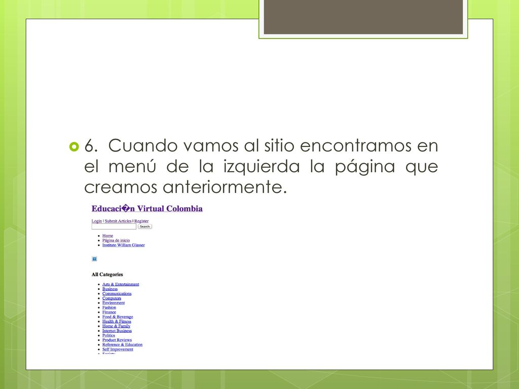 6. Cuando vamos al sitio encontramos en el menú de la izquierda la página que creamos anteriormente.