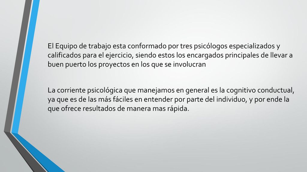 El Equipo de trabajo esta conformado por tres psicólogos especializados y calificados para el ejercicio, siendo estos los encargados principales de llevar a buen puerto los proyectos en los que se involucran