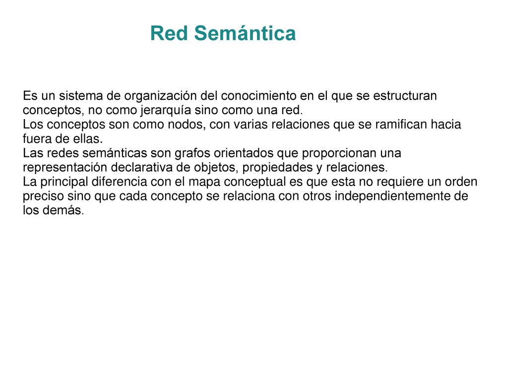 Red Semántica Es un sistema de organización del conocimiento en el que se estructuran conceptos, no como jerarquía sino como una red.
