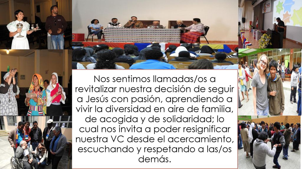 Nos sentimos llamadas/os a revitalizar nuestra decisión de seguir a Jesús con pasión, aprendiendo a vivir la diversidad en aire de familia, de acogida y de solidaridad; lo cual nos invita a poder resignificar nuestra VC desde el acercamiento, escuchando y respetando a las/os demás.
