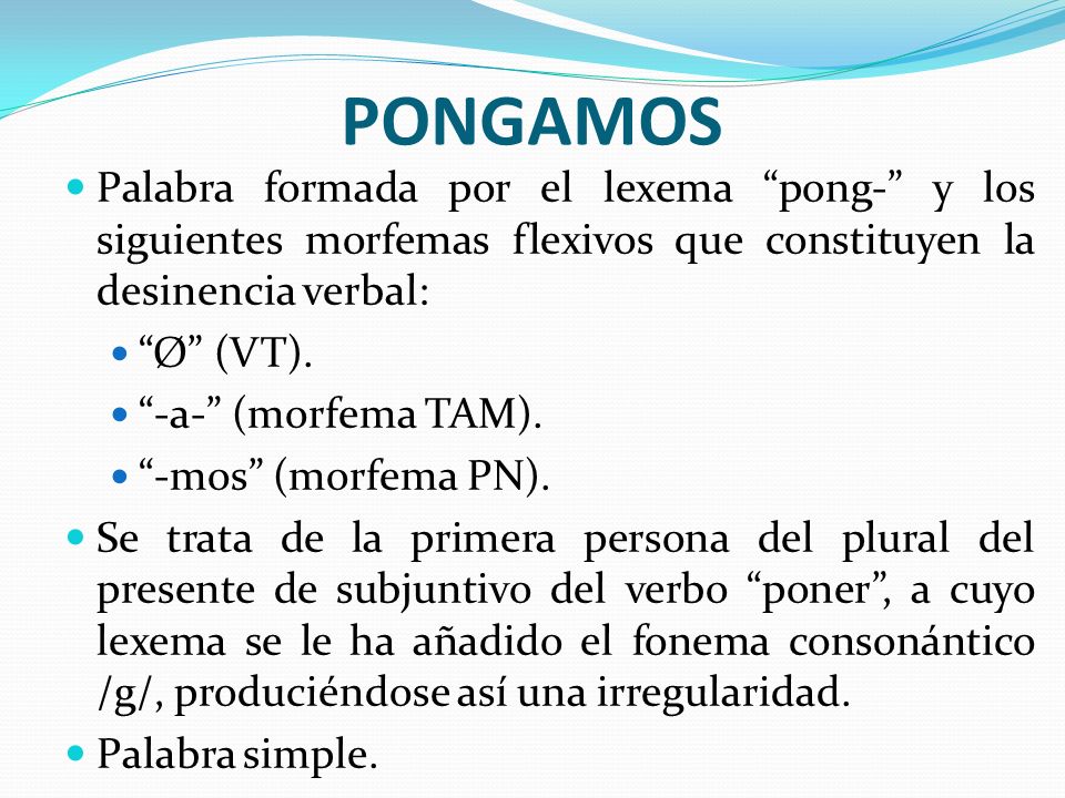 PONGAMOS Palabra formada por el lexema pong- y los siguientes morfemas flexivos que constituyen la desinencia verbal: