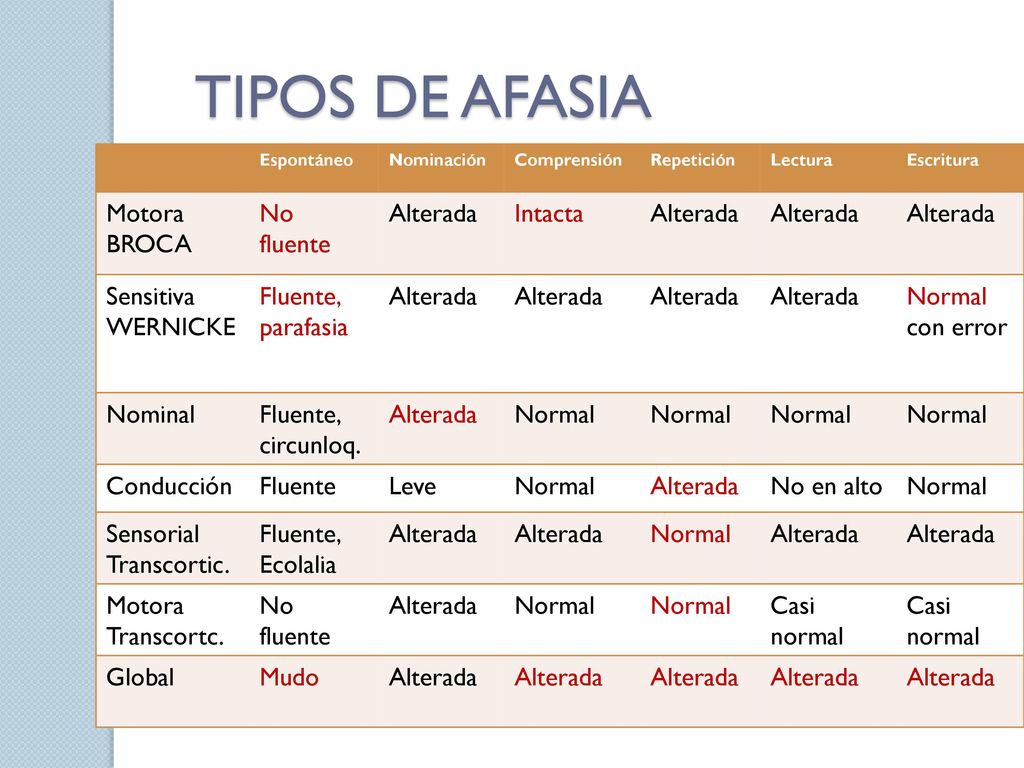 TIPOS DE AFASIA Motora BROCA No fluente Alterada Intacta Sensitiva