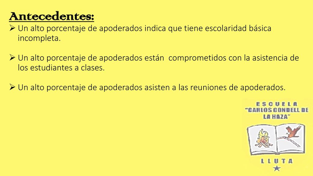 Antecedentes: Un alto porcentaje de apoderados indica que tiene escolaridad básica incompleta.