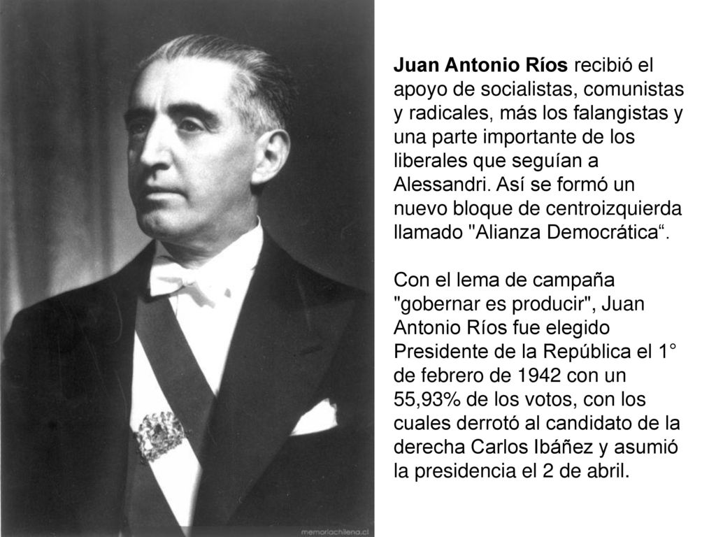 Juan Antonio Ríos recibió el apoyo de socialistas, comunistas y radicales, más los falangistas y una parte importante de los liberales que seguían a Alessandri. Así se formó un nuevo bloque de centroizquierda llamado Alianza Democrática .