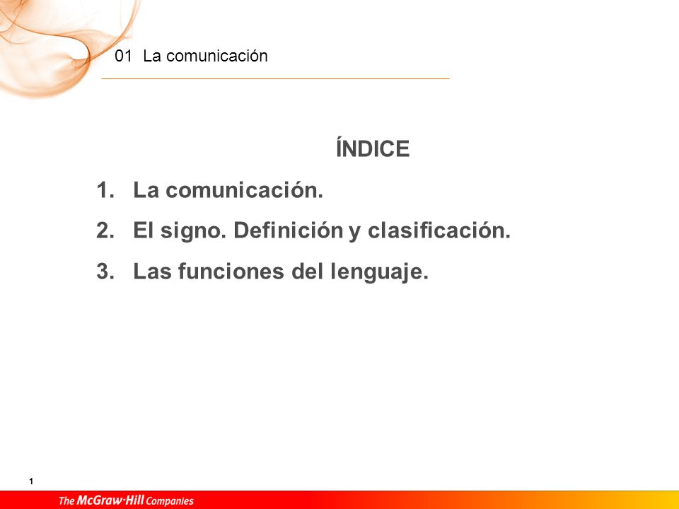 ÍNDICE La comunicación. El signo. Definición y clasificación. Las funciones del lenguaje.