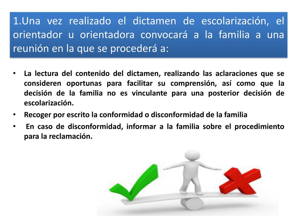 1.Una vez realizado el dictamen de escolarización, el orientador u orientadora convocará a la familia a una reunión en la que se procederá a: