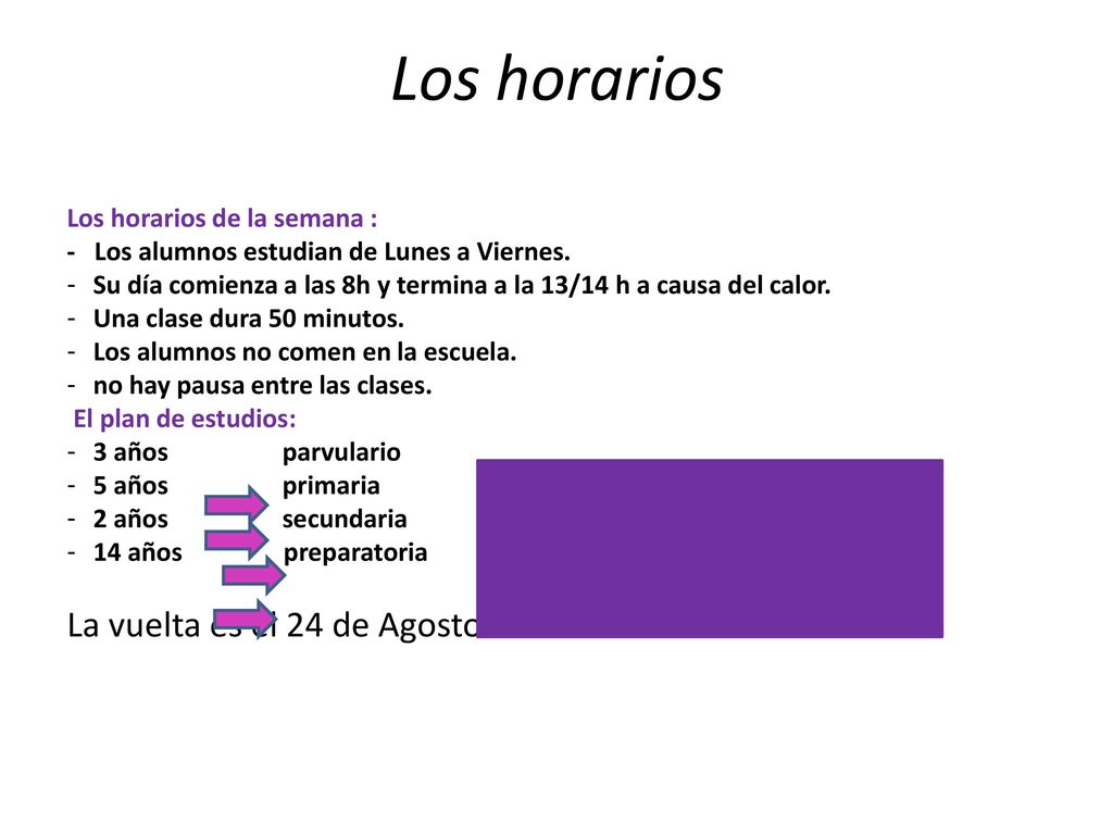 Los horarios La vuelta es el 24 de Agosto. Los horarios de la semana :