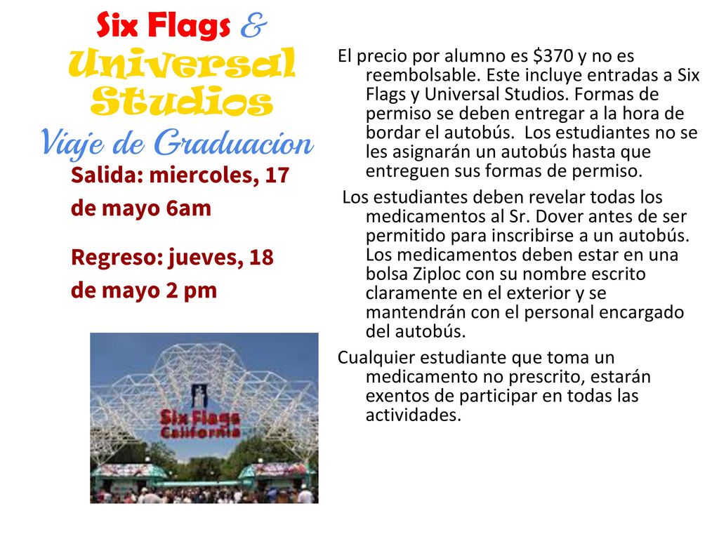 Salida: miercoles, 17 de mayo 6am Regreso: jueves, 18 de mayo 2 pm