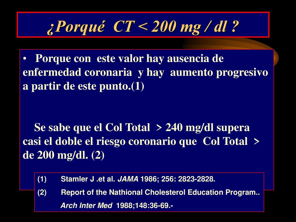 ¿Porqué CT < 200 mg / dl Porque con este valor hay ausencia de enfermedad coronaria y hay aumento progresivo a partir de este punto.(1)