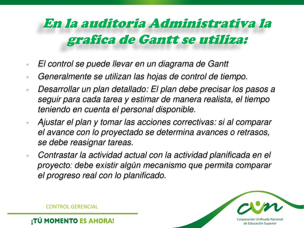 En la auditoria Administrativa la grafica de Gantt se utiliza: