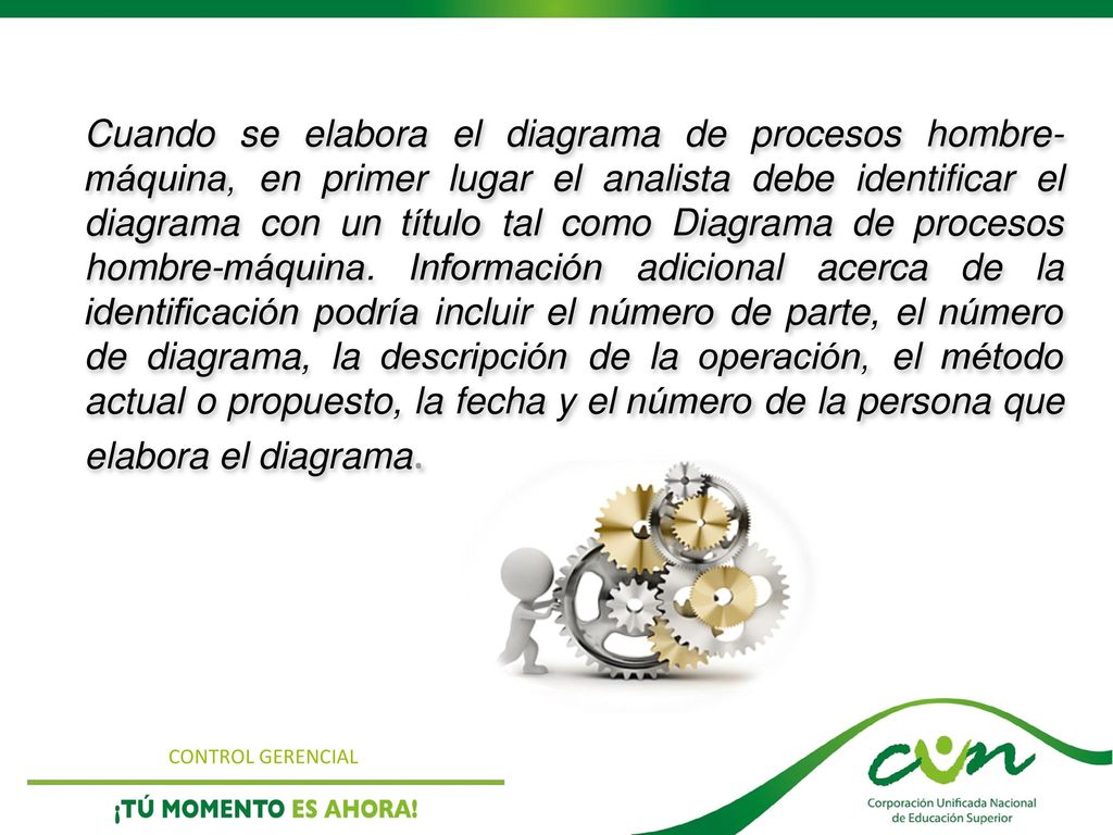 Cuando se elabora el diagrama de procesos hombre- máquina, en primer lugar el analista debe identificar el diagrama con un título tal como Diagrama de procesos hombre-máquina. Información adicional acerca de la identificación podría incluir el número de parte, el número de diagrama, la descripción de la operación, el método actual o propuesto, la fecha y el número de la persona que elabora el diagrama.