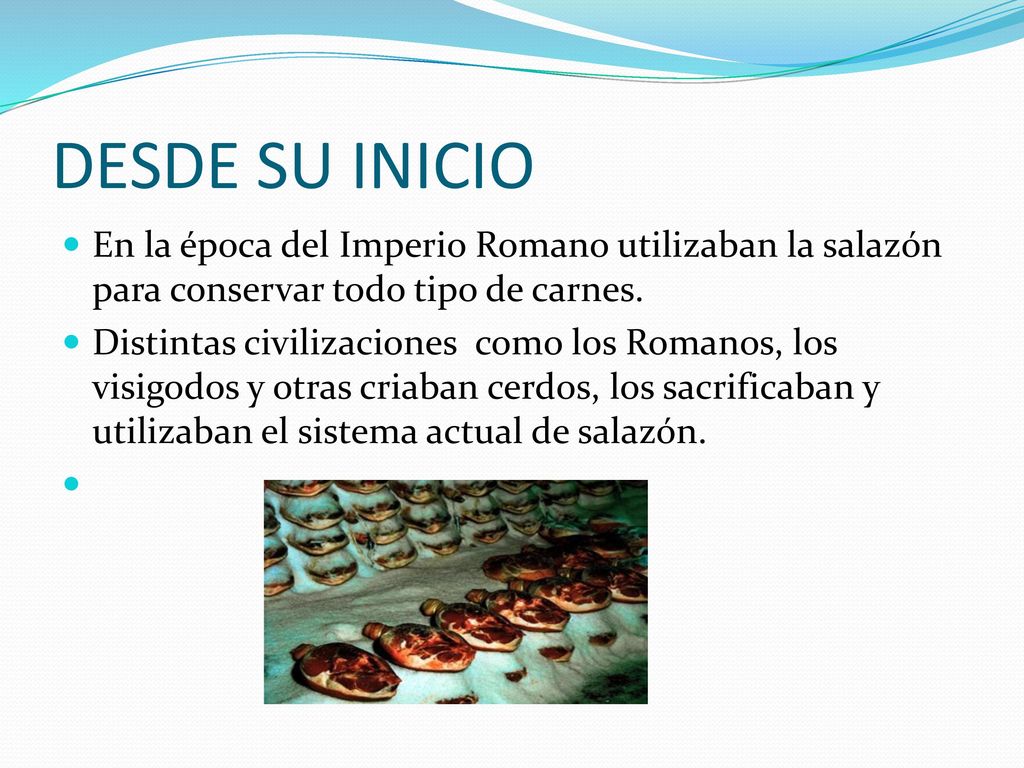 DESDE SU INICIO En la época del Imperio Romano utilizaban la salazón para conservar todo tipo de carnes.