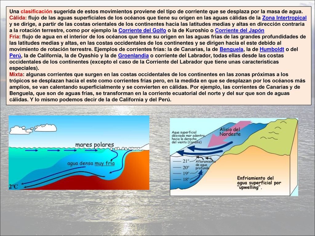 Una clasificación sugerida de estos movimientos proviene del tipo de corriente que se desplaza por la masa de agua.
