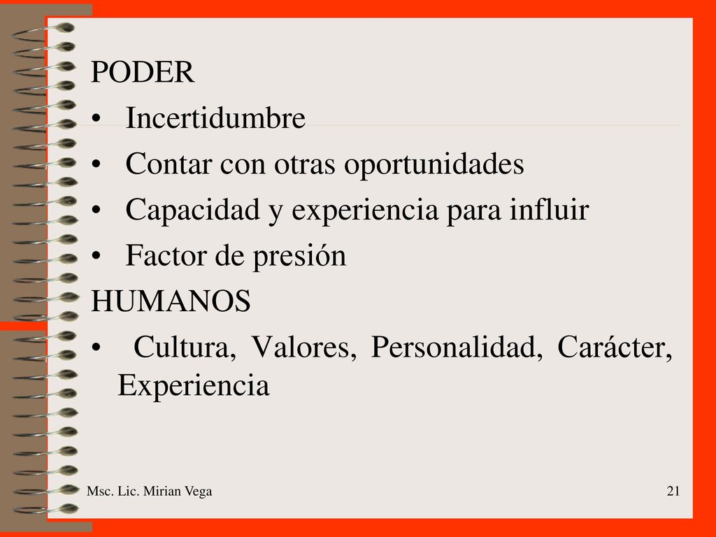 Contar con otras oportunidades Capacidad y experiencia para influir
