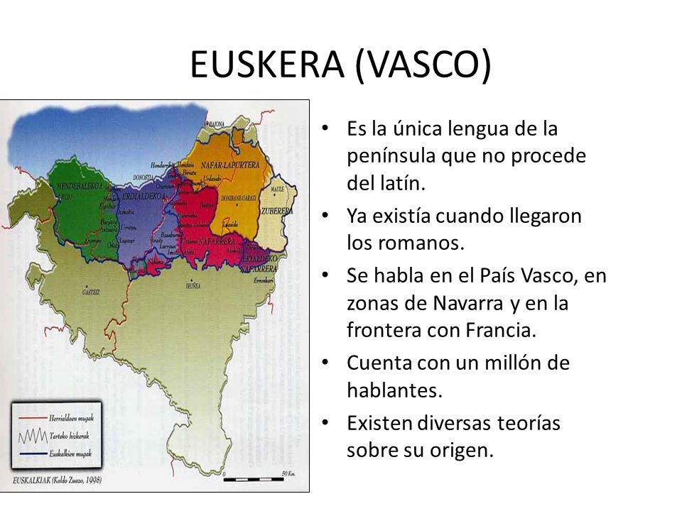 EUSKERA (VASCO) Es la única lengua de la península que no procede del latín. Ya existía cuando llegaron los romanos.