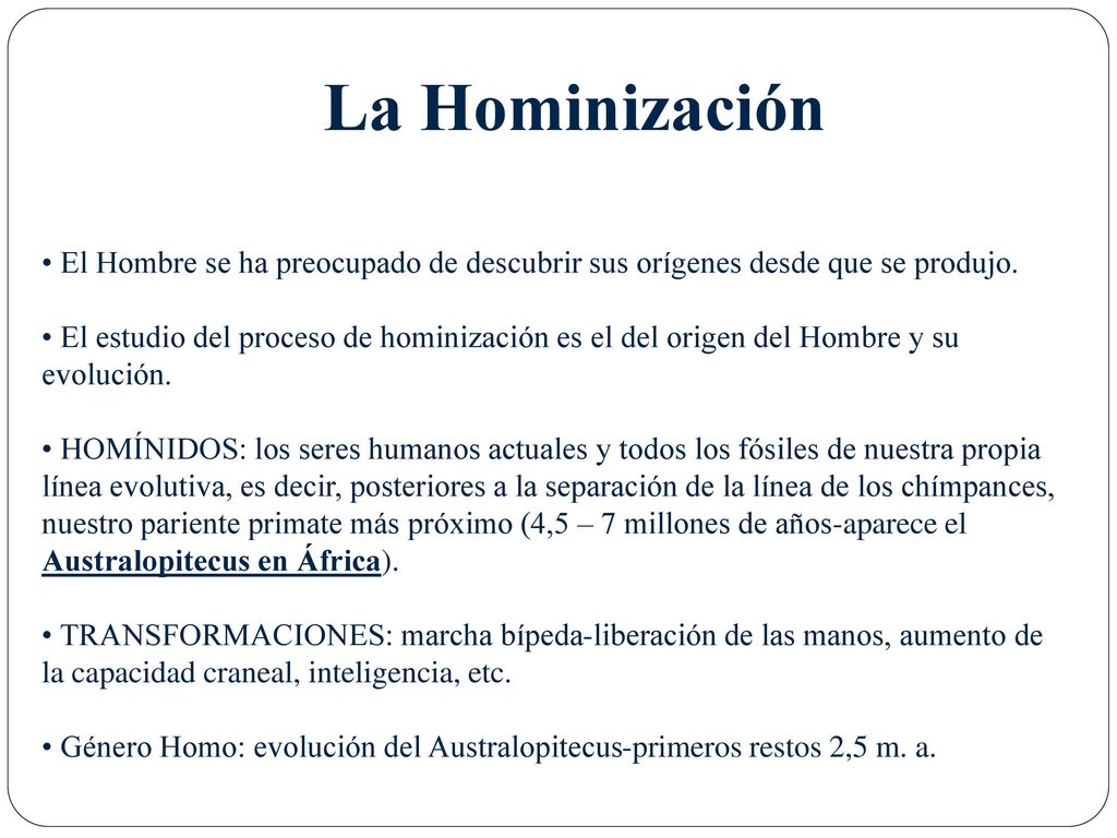 La Hominización El Hombre se ha preocupado de descubrir sus orígenes desde que se produjo.