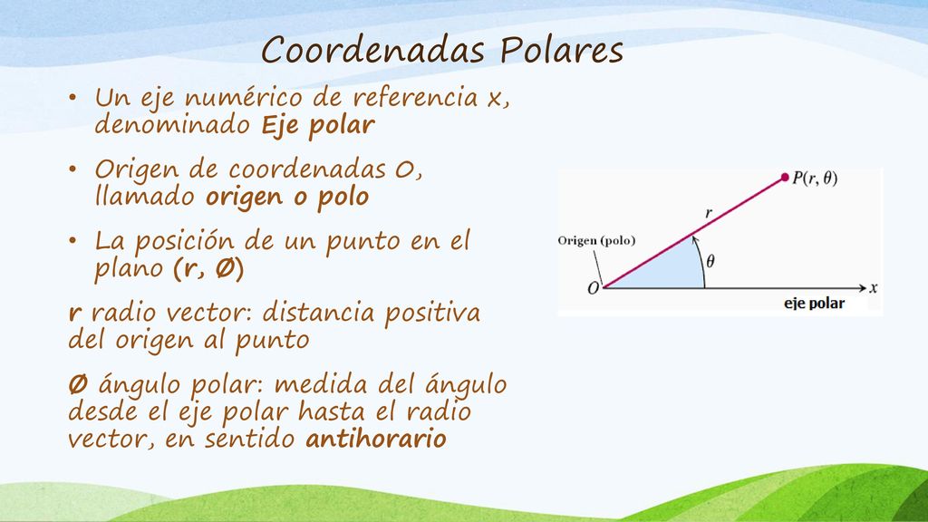 Coordenadas Polares Un eje numérico de referencia x, denominado Eje polar. Origen de coordenadas 0, llamado origen o polo.