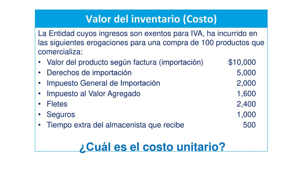 Valor del inventario (Costo) ¿Cuál es el costo unitario