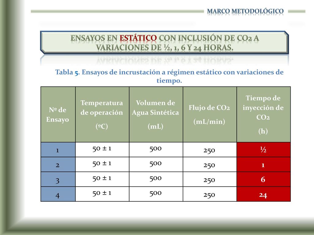 Marco Metodológico Ensayos en estático con inclusión de CO2 a variaciones de ½, 1, 6 y 24 horas.