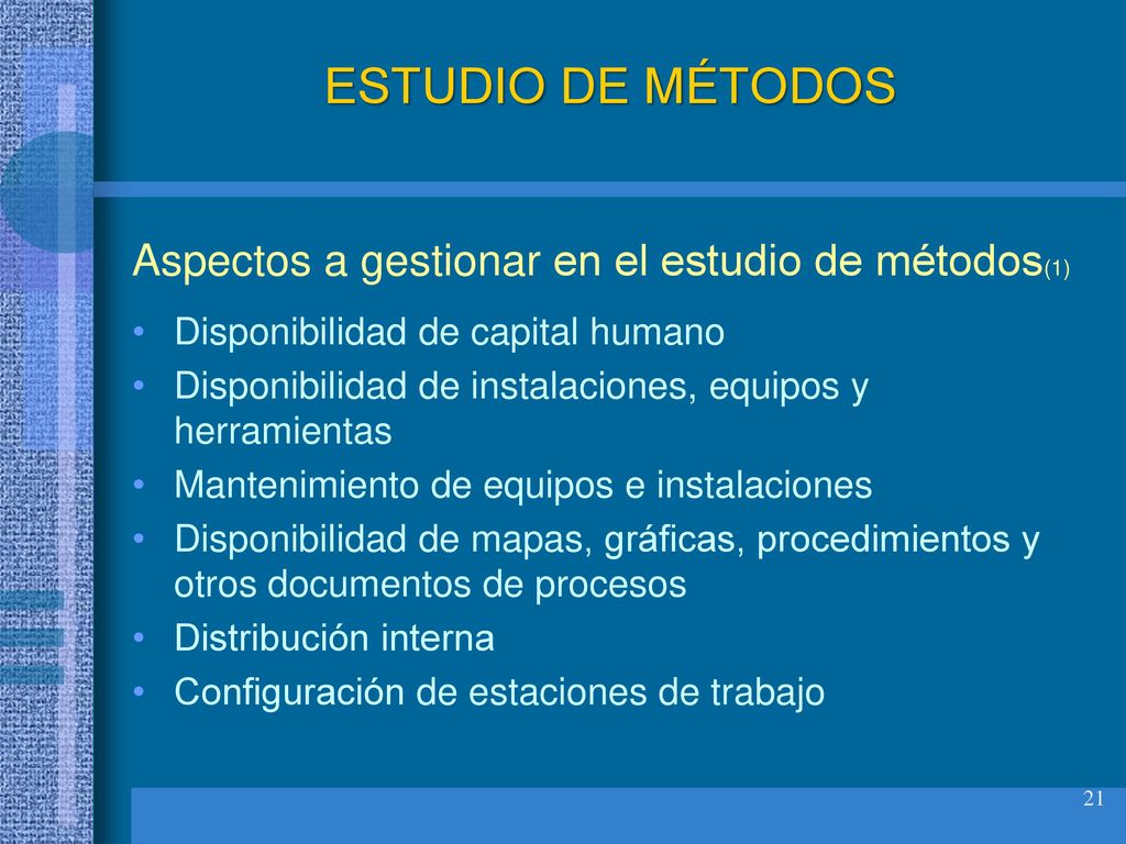 ESTUDIO DE MÉTODOS Aspectos a gestionar en el estudio de métodos(1)