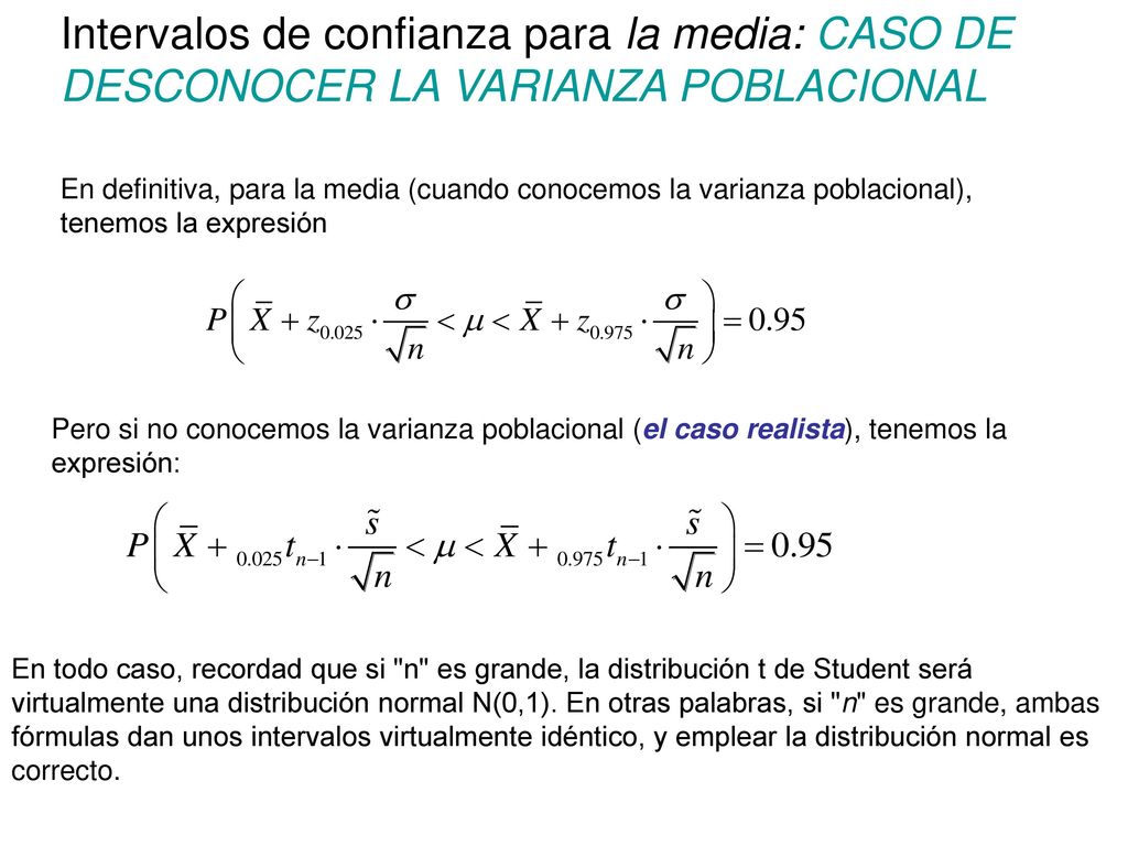 Intervalos de confianza para la media: CASO DE DESCONOCER LA VARIANZA POBLACIONAL