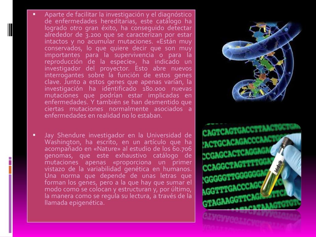 Aparte de facilitar la investigación y el diagnóstico de enfermedades hereditarias, este catálogo ha logrado otro gran éxito, ha conseguido detectar alrededor de que se caracterizan por estar intactos y no acumular mutaciones. «Están muy conservados, lo que quiere decir que son muy importantes para la supervivencia o para la reproducción de la especie», ha indicado un investigador del proyector. Esto abre nuevos interrogantes sobre la función de estos genes clave. Junto a estos genes que apenas varían, la investigación ha identificado nuevas mutaciones que podrían estar implicadas en enfermedades. Y también se han desmentido que ciertas mutaciones normalmente asociados a enfermedades en realidad no lo estaban.