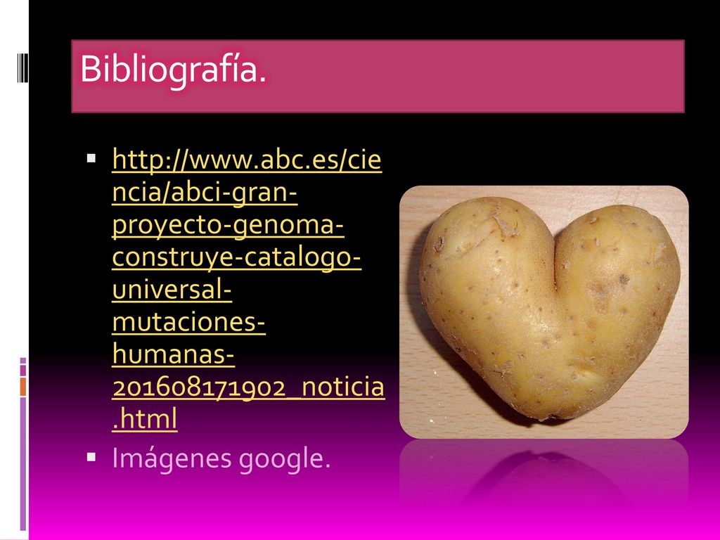 Bibliografía.   ncia/abci-gran- proyecto-genoma- construye-catalogo- universal- mutaciones- humanas _noticia .html.