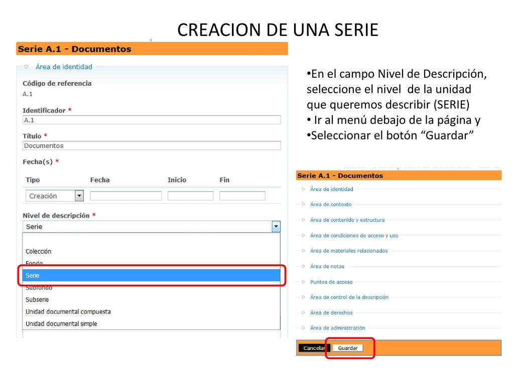 CREACION DE UNA SERIE En el campo Nivel de Descripción,