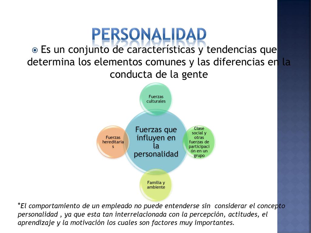 Personalidad Es un conjunto de características y tendencias que determina los elementos comunes y las diferencias en la conducta de la gente.