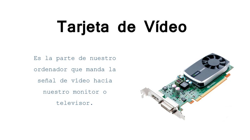Tarjeta de Vídeo Es la parte de nuestro ordenador que manda la señal de vídeo hacia nuestro monitor o televisor.