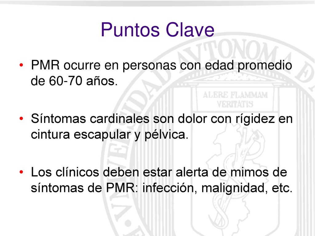 Puntos Clave PMR ocurre en personas con edad promedio de años.