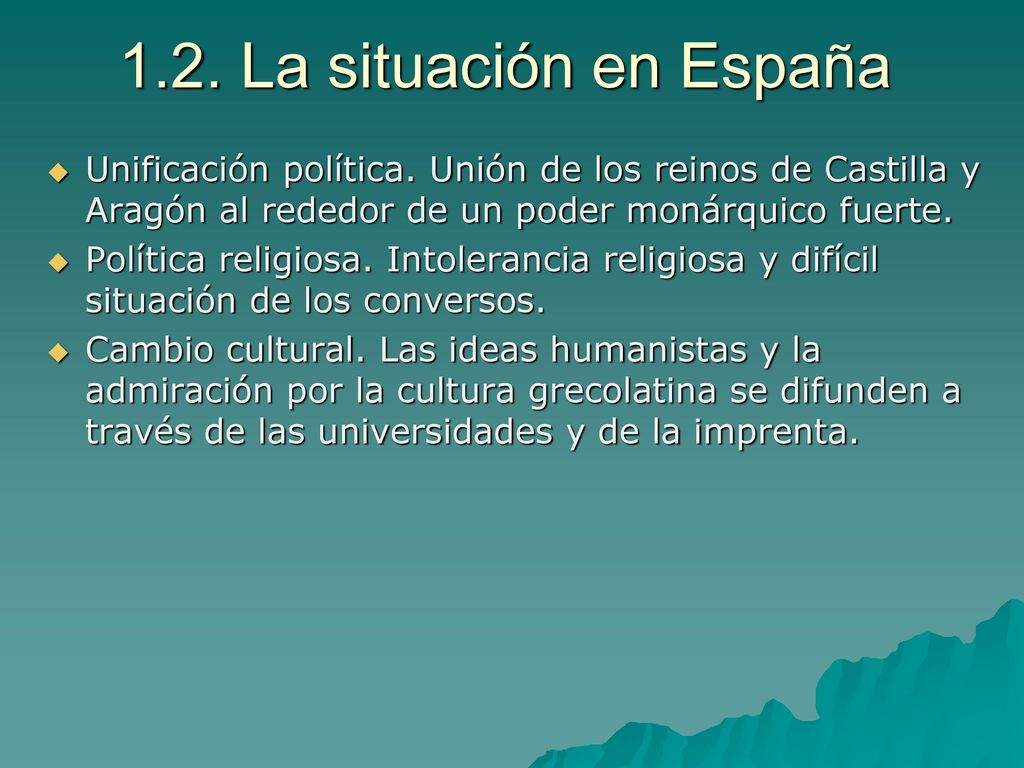 1.2. La situación en España Unificación política. Unión de los reinos de Castilla y Aragón al rededor de un poder monárquico fuerte.