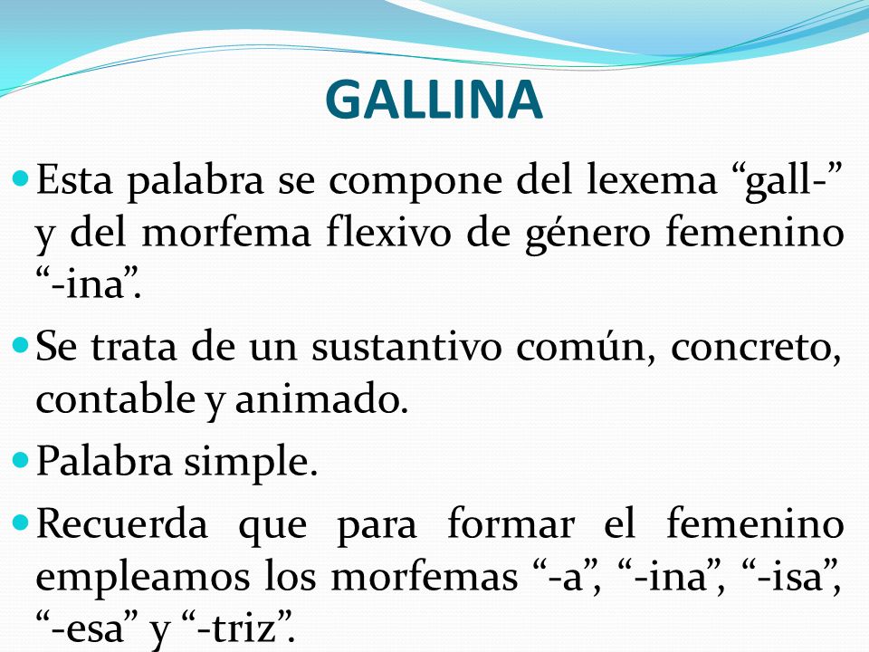 GALLINA Esta palabra se compone del lexema gall- y del morfema flexivo de género femenino -ina .