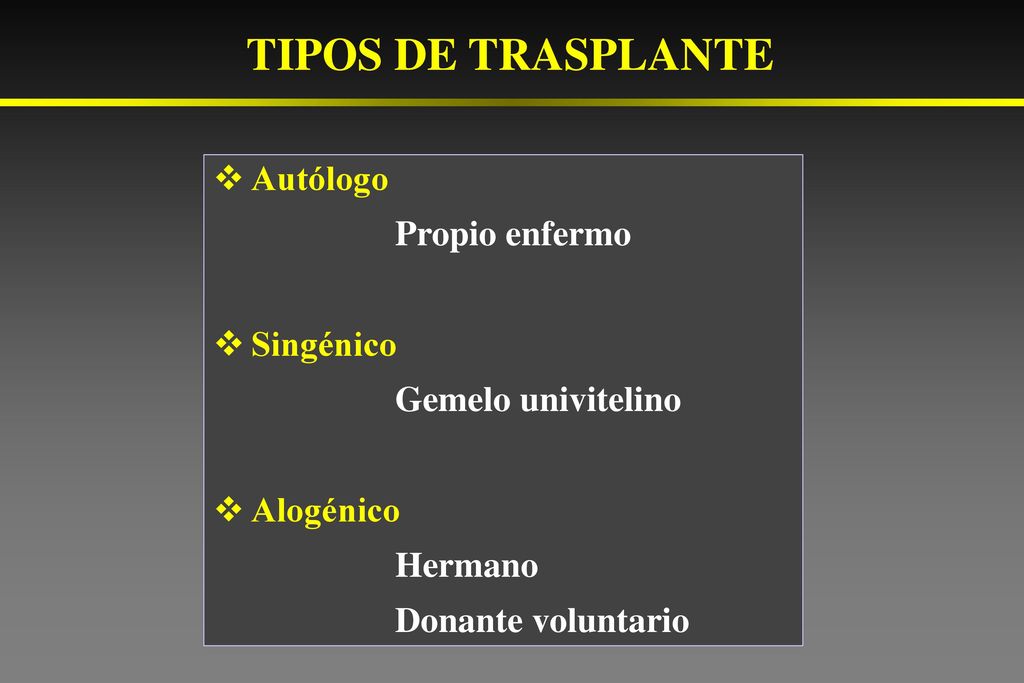 TIPOS DE TRASPLANTE Autólogo Propio enfermo Singénico