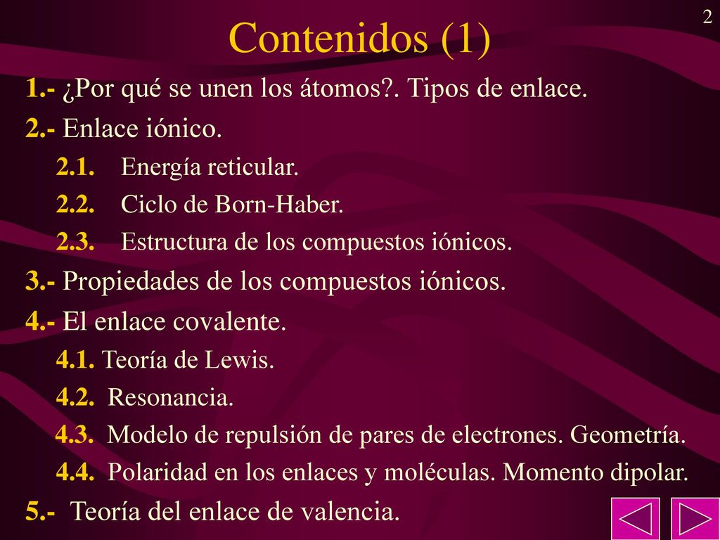 Contenidos (1) 1.- ¿Por qué se unen los átomos . Tipos de enlace.